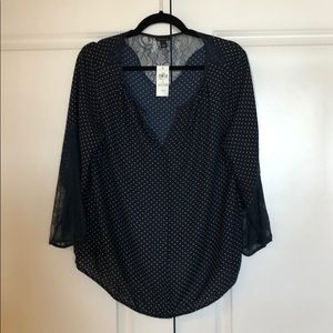 NWT Ann Taylor Navy Polka Dot Blouse w/ lace